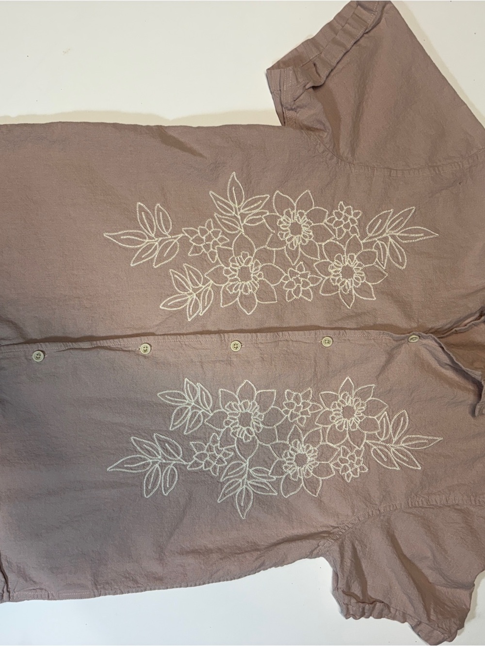 Folk Mauve Button-Down Shirt with White Floral Embroidery